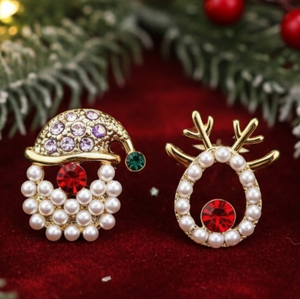 Festive Pearl and Red Crystal Christmas Earrings